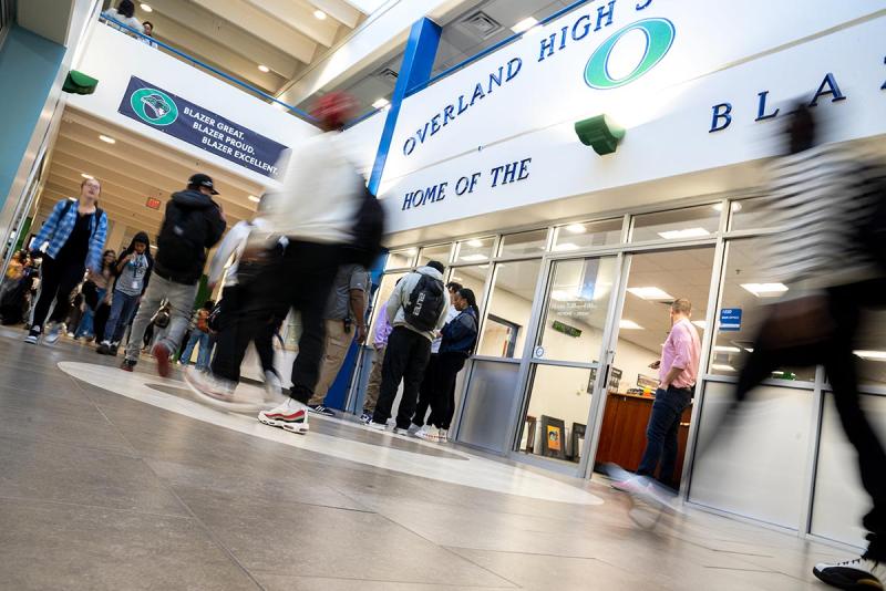 students walking through overland high school